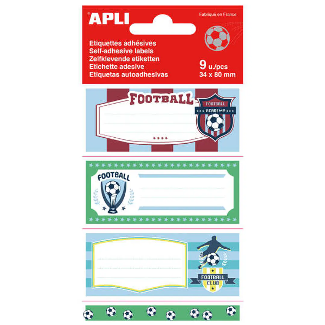 Apli Etiquetas Adhesivas Escolares Futbol - Tamaño 81x36mm - 9 Etiquetas por Bolsa - Adhesivo Permanente de Alta Calidad - Diseño Futbol 1