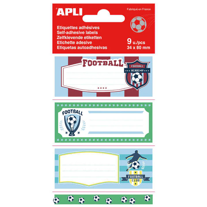 Apli Etiquetas Adhesivas Escolares Futbol - Tamaño 81x36mm - 9 Etiquetas por Bolsa - Adhesivo Permanente de Alta Calidad - Diseño Futbol 1
