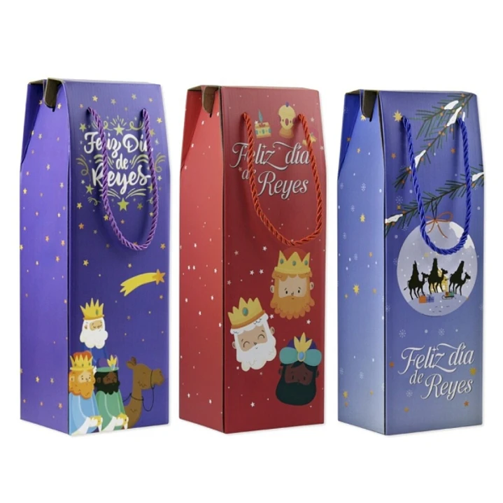 Bismark Caja/Bolsa de Carton con Asa para Botellas Reyes Magos - Medidas 13x36x10cm - 3 Diseños Diferentes Aleatorios 1