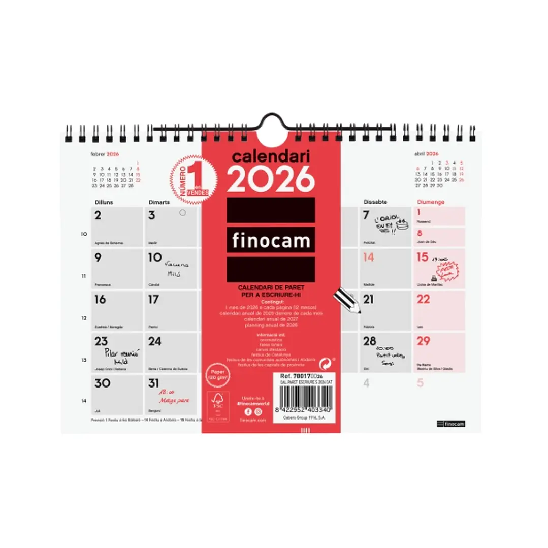 Finocam Calendario de Pared en Catalan - Anual 2026 - 210x5x160mm - Espacio para Escribir - Color Blanco y Rojo 1