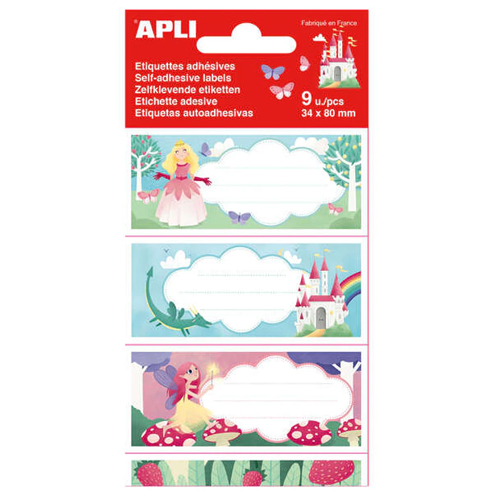 Apli Etiquetas Adhesivas Escolares Princesas - Tamaño 81x36mm - 9 Etiquetas en 3 Hojas - Adhesivo Permanente de Alta Calidad - Diseño Princesas - Colo 1