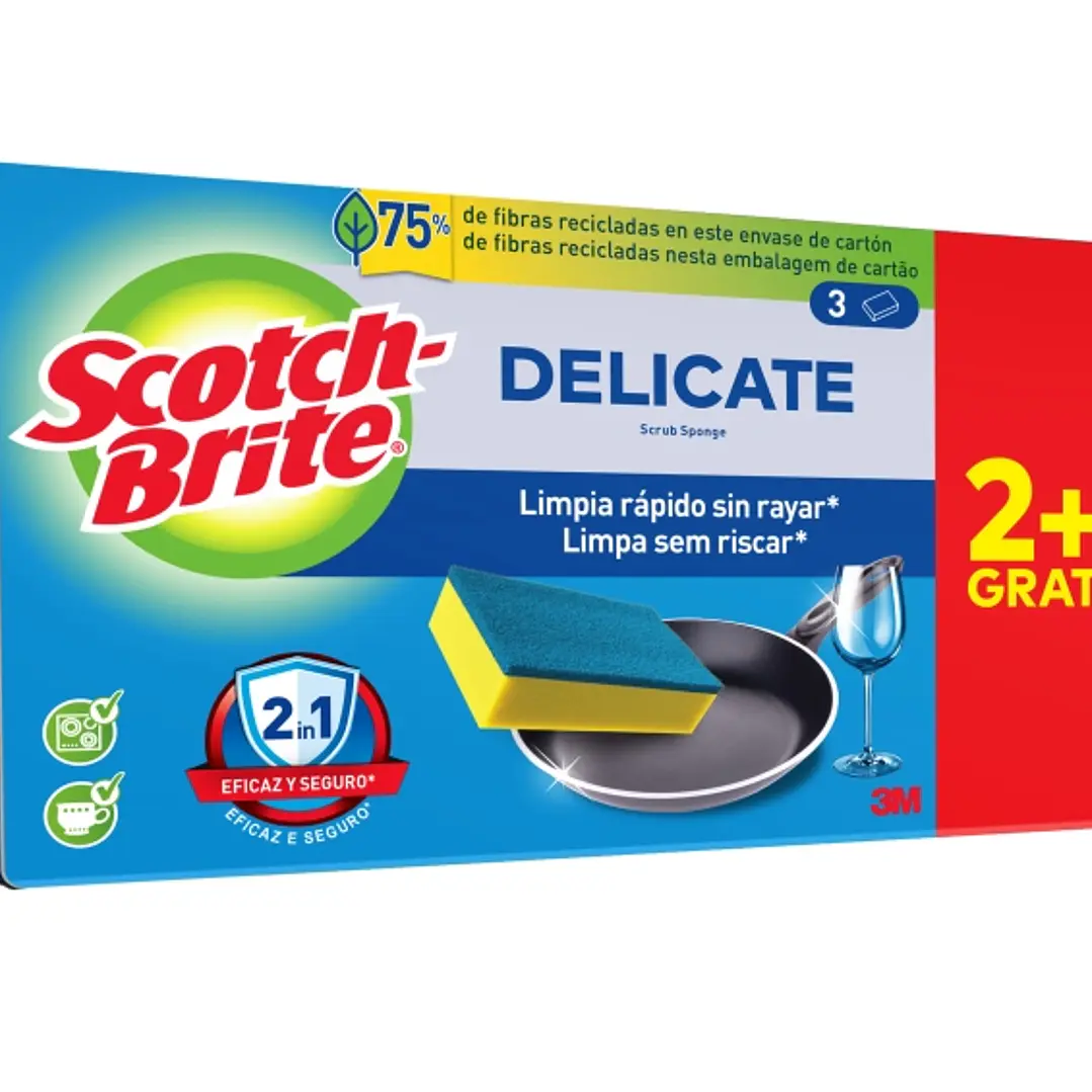 Scotch-Brite Delicate Pack de 3 Estropajos de Cocina - Promocion 2 + 1 Gratis - No Raya - Color Amarillo 1