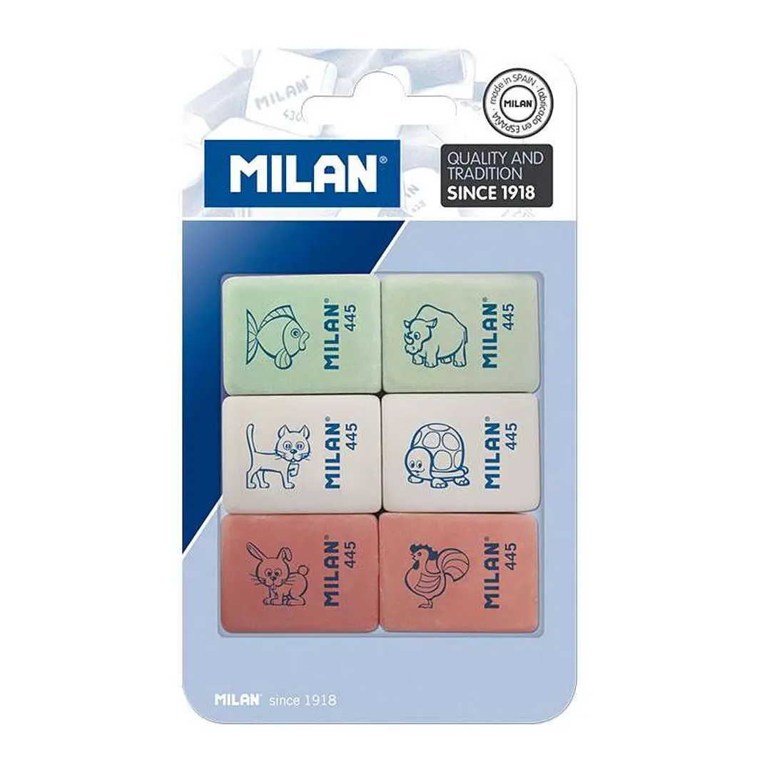 Milan 445 Pack de 6 Gomas de Borrar Rectangulares - Miga de Pan - Suave Caucho Sintetico - Dibujos Infantiles - Colores Surtidos 1