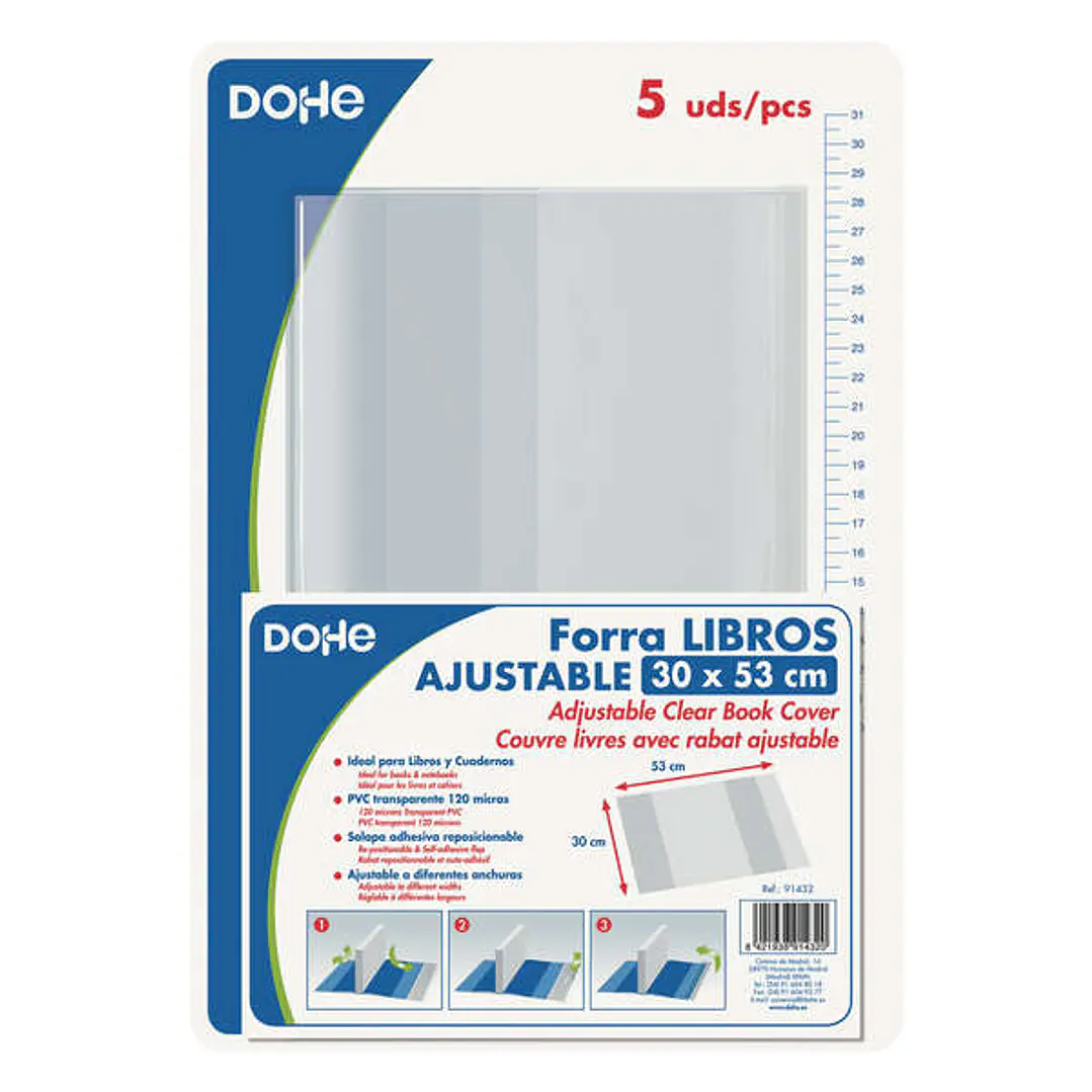 Dohe Pack de 5 Cubiertas Protectoras de Libros - Solapa Adhesiva Reposicionable - Tamaño 30x53cm - Material PVC 120 micras 1
