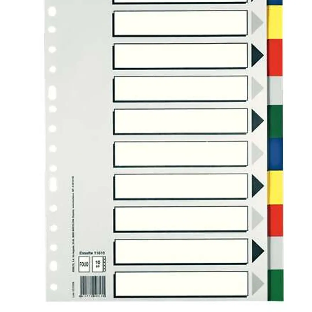 Esselte 713 Bolsa de 10 Separadores de Plastico - 10 Pestañas / 5 Colores - Multitaladro - Formato Folio 1