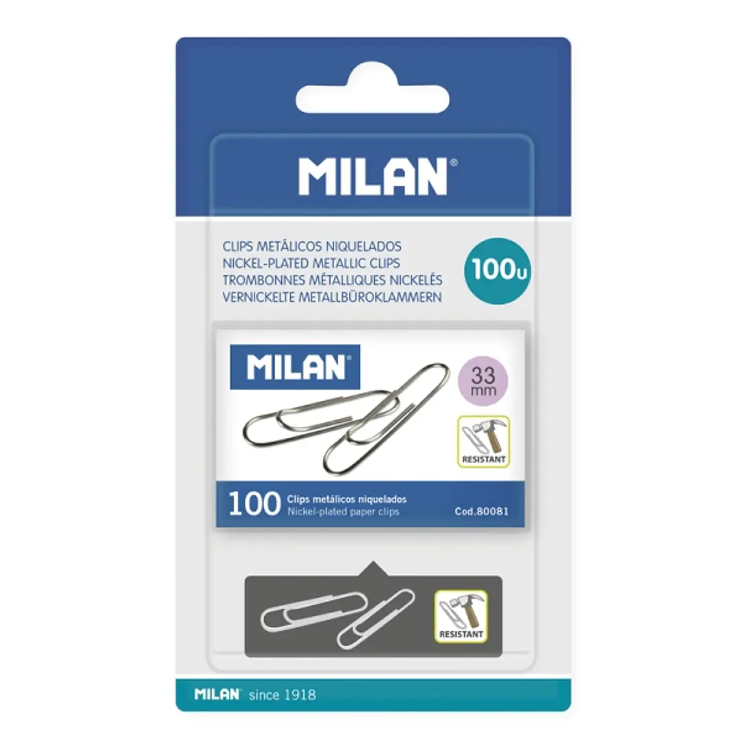 Milan Niquelados Pack de 100 Clips - 33mm - Color Plata 1