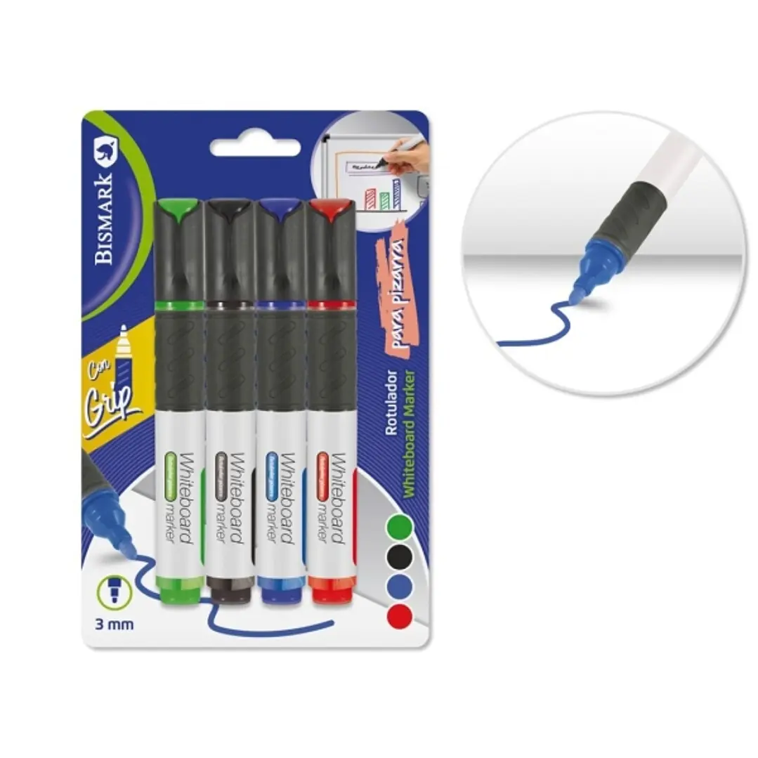 Bismark Pack de 4 Rotuladores para Pizarra Blanca con Grip - Punta Redonda 3mm - Colores Surtidos 1