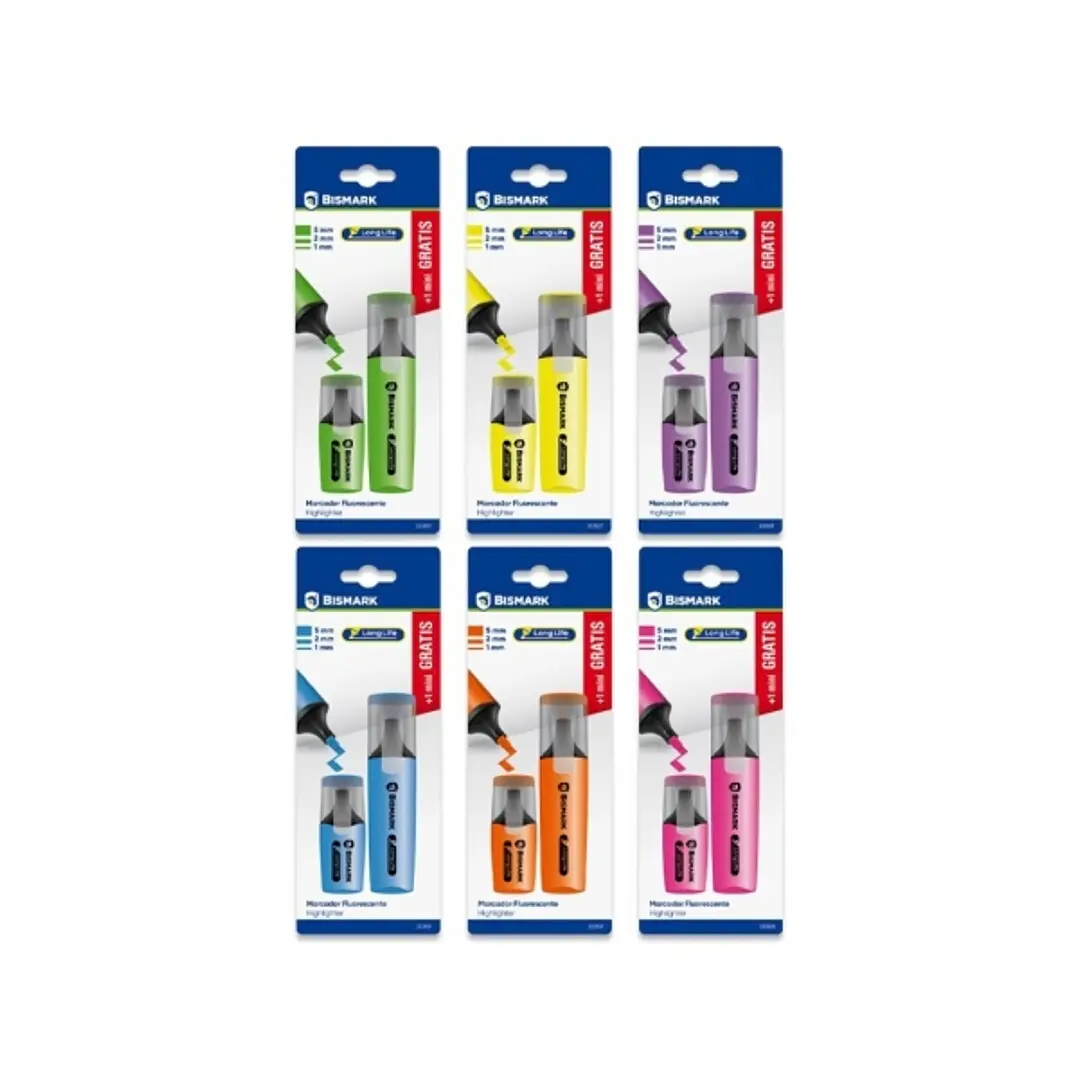 Bismark Long-Life Pack de 1 Mini Marcador + 1 Marcador Fluorescente - Tinta de Secado Rapido - Punta Biselada - Ideal para Subrayar y Resaltar - Diseñ 1