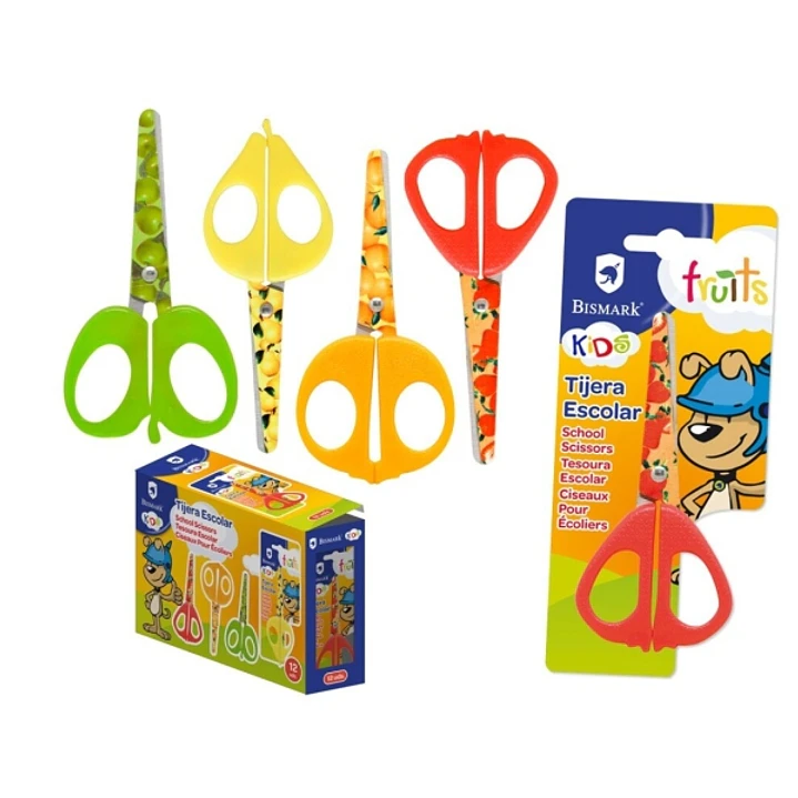 Bismark Kids Fruits Tijera Escolar 13cm - Hojas y Mangos Decorados con Frutas - Mangos en Plastico - Punta Roma - 4 Diseños Surtidos 1