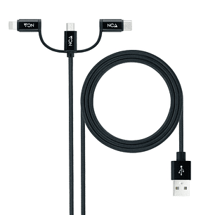 Nanocable Cable USB-A 2.0 Macho a USB-C, MicroUSB, Lightning Macho 1m - Color Negro