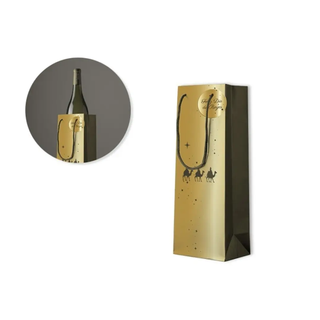 Bismark Bolsa de Papel Reyes Magos para Botellas - Medidas 12x37x10cm - Tarjeta para Personalizar - Color Oro 1