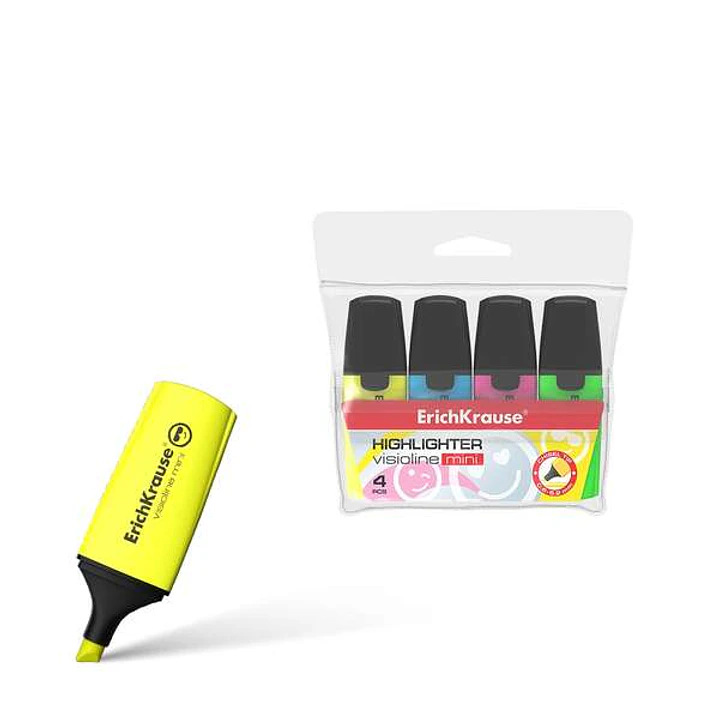 Erichkrause Visioline Mini Pack de 4 Marcadores - Miniformato con Divertidos Emoticonos - Colores: Amarillo, Verde, Azul, Rosa - Fluorescente 1