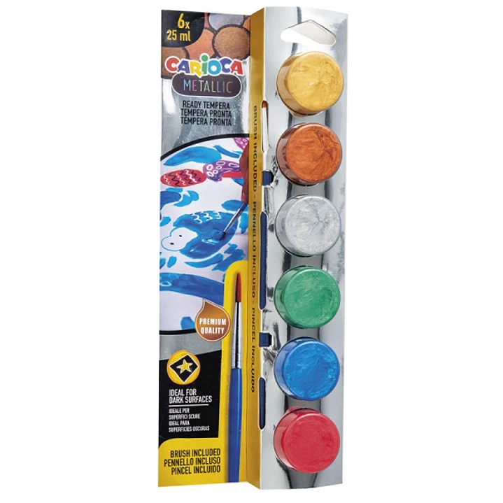 Carioca Metallic Pack de 6 Temperas en Botes de 25ml + Pincel - Superlavables - Mezclables - Colores Metallic Surtidos 1