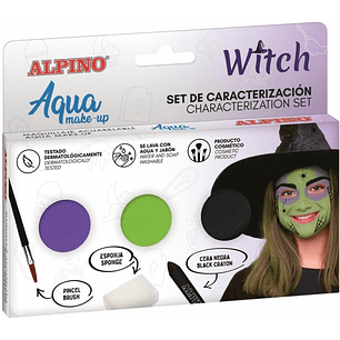 Alpino Aqua Make Up Set de Caracterizacion de Bruja - 3 Polveras + Cera Negra + Pincel + Esponja