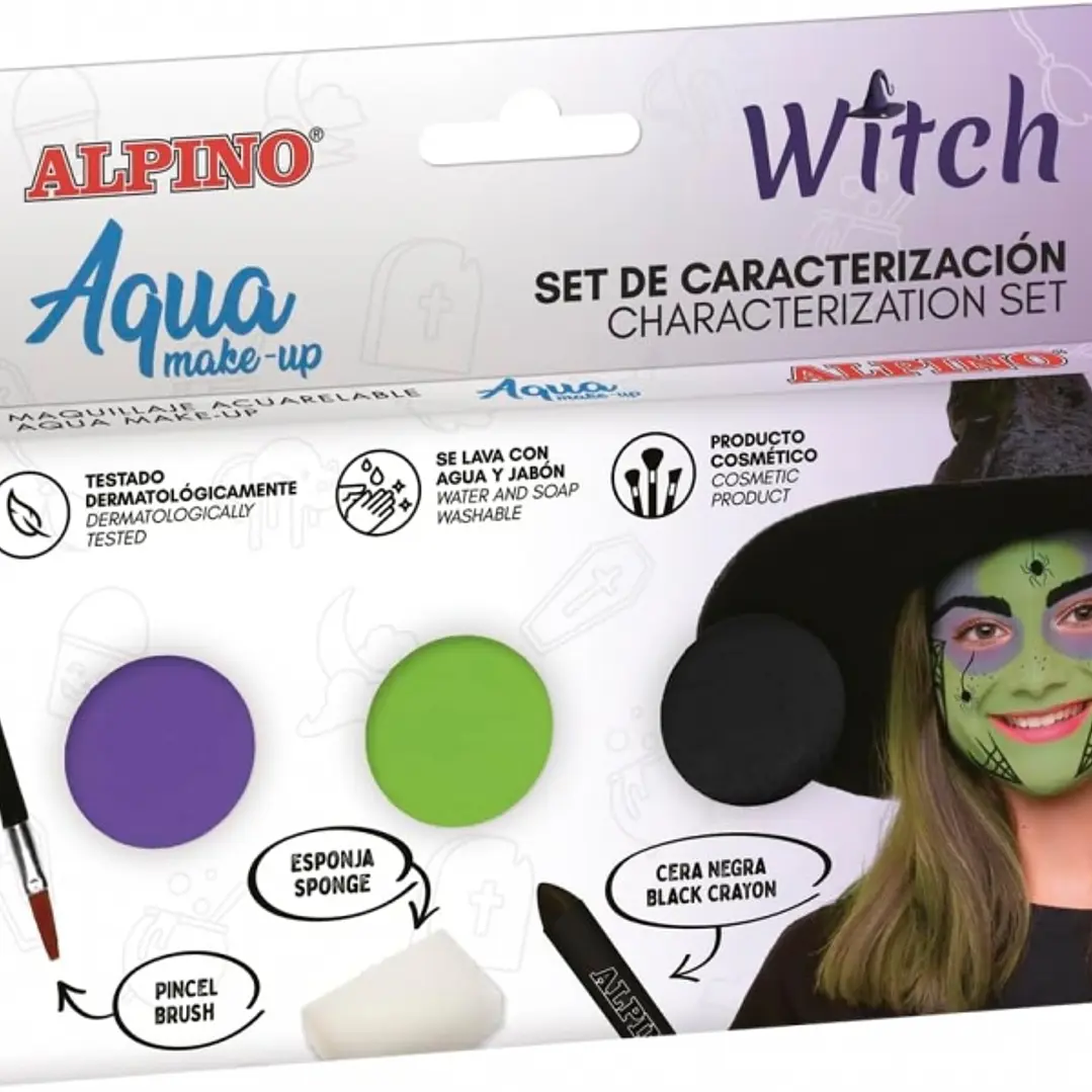 Alpino Aqua Make Up Set de Caracterizacion de Bruja - 3 Polveras + Cera Negra + Pincel + Esponja 1