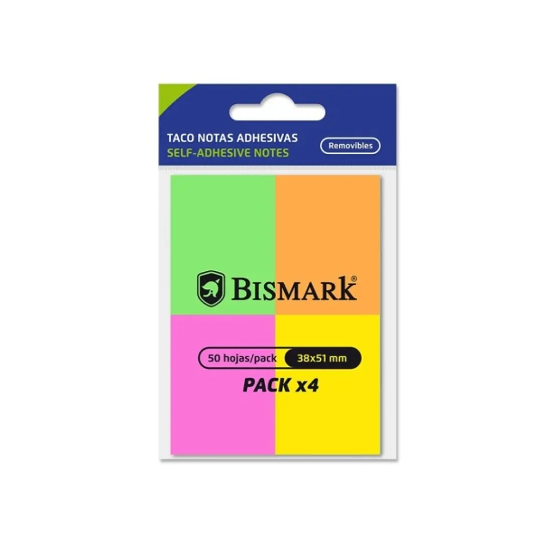 Bismark Pack de 4 Blocs de 50 Notas Adhesivas 38x51mm - 4 Colores Neon 1