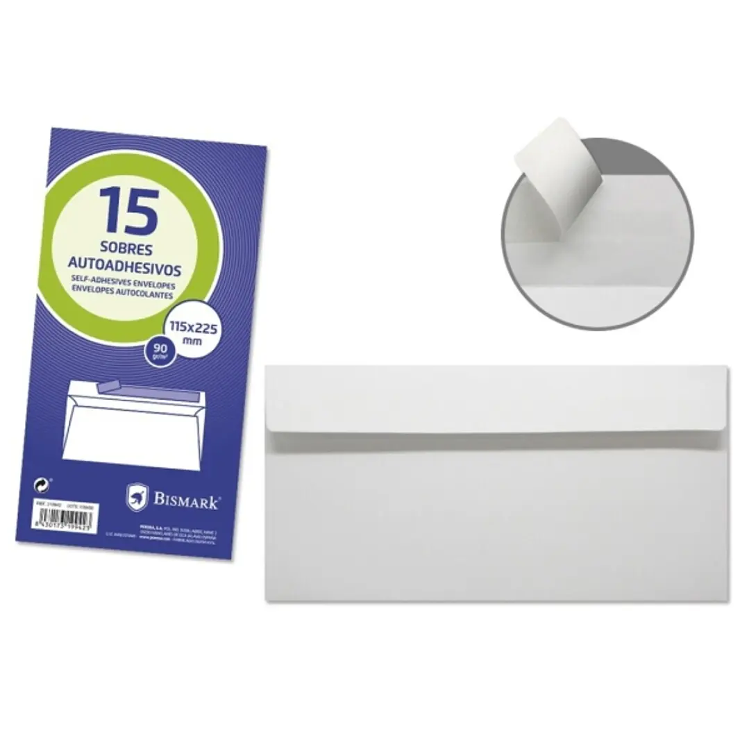 Bismark Pack de 15 Sobres Americanos Papel 90grs - Medidas 115x225mm - Cierre Autoadhesivo - Color Blanco 1