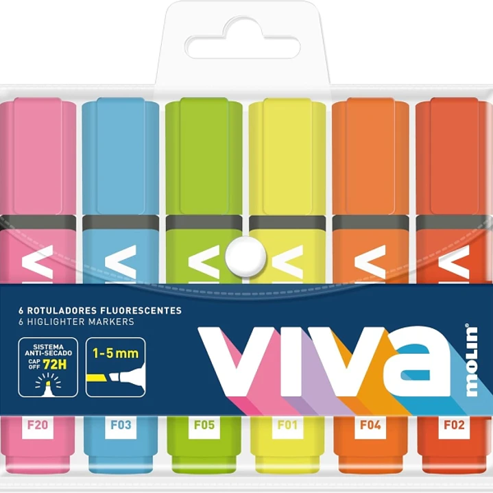 Molin Viva Pack de 6 Marcadores Fluorescentes - Trazo entre 1 y 5mm - Tinta con Base de Agua - Colores Surtidos 1