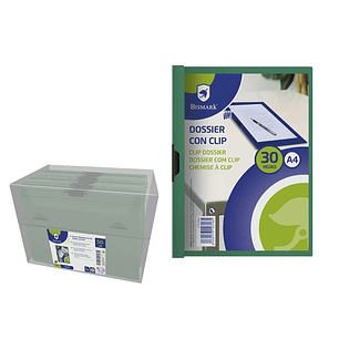 Bismark Dossier para 30 Hojas A4 con Clip Metalico Lateral - Polipropileno Transparente - Color Verde