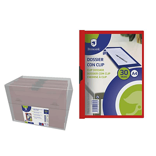 Bismark Dossier para 30 Hojas A4 con Clip Metalico Lateral - Polipropileno Transparente - Color Rojo