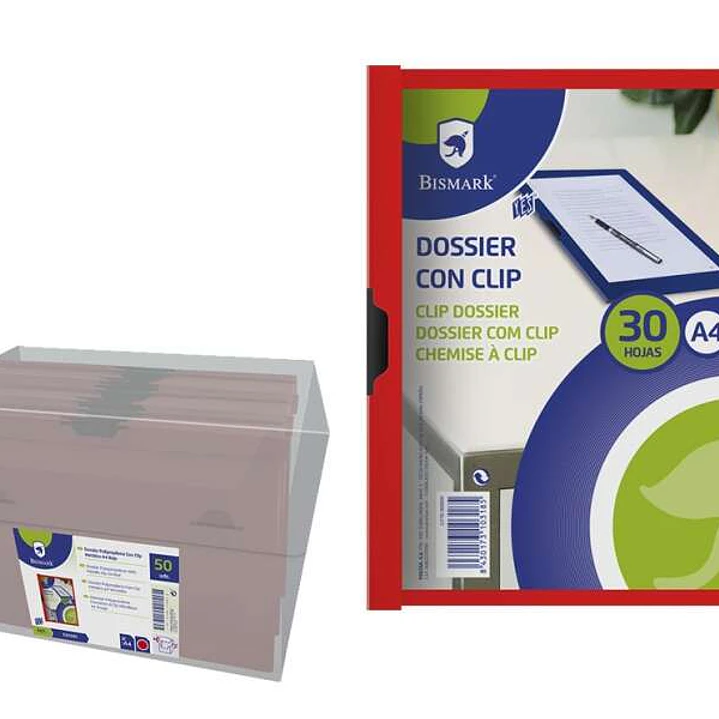 Bismark Dossier para 30 Hojas A4 con Clip Metalico Lateral - Polipropileno Transparente - Color Rojo 1