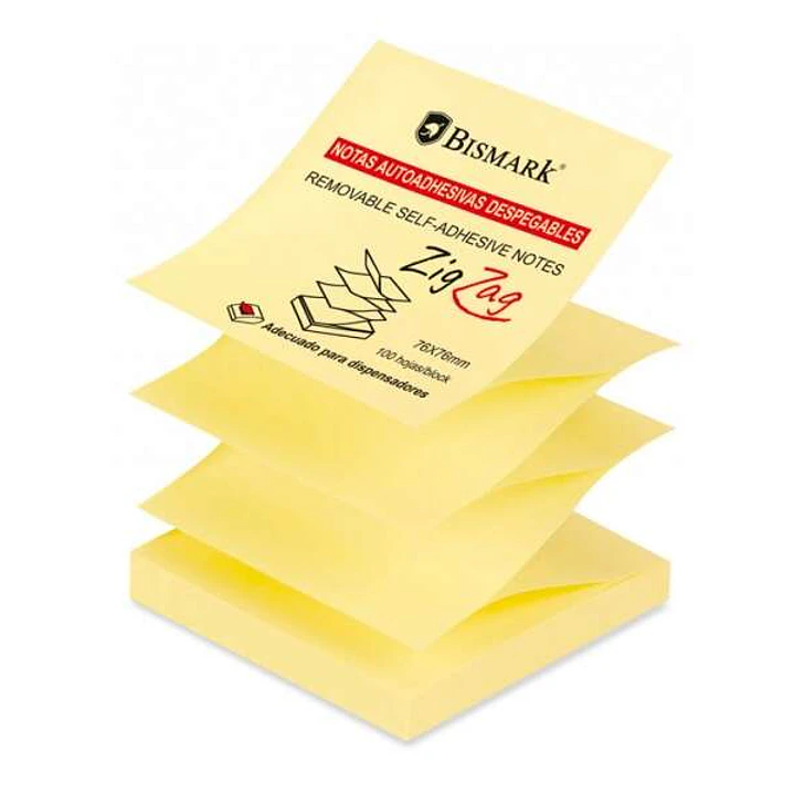 Bismark Taco de 100 Notas Adhesivas Zig-Zag 76x76mm - Adecuado para Dispensadores - Color Amarillo 1