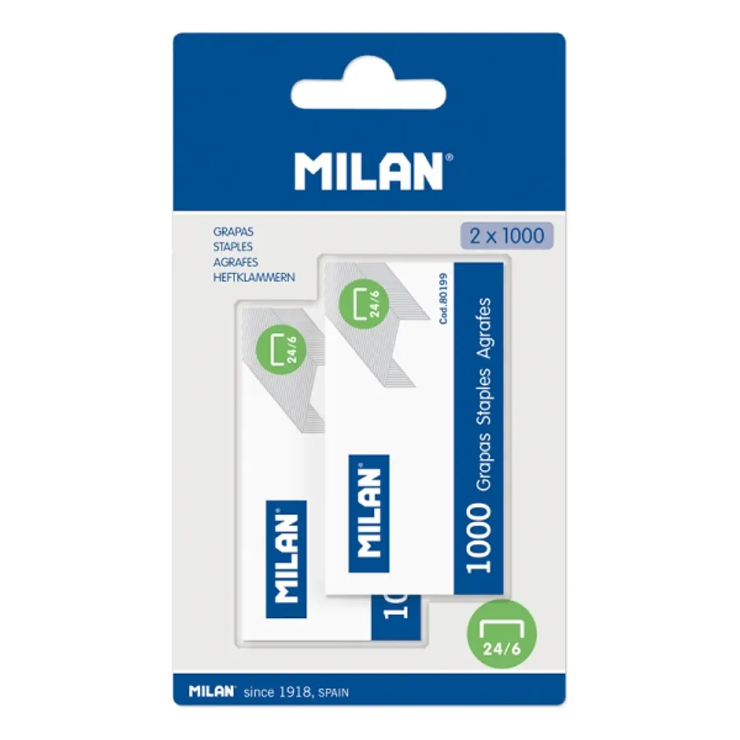 Milan Pack de 2000 Grapas - 2 Cajas en Blister - Formato 24/6 - Color Gris 1