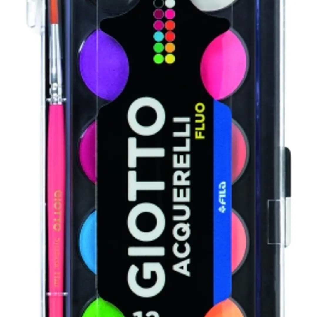 Giotto Fluo Pack de 12 Acuarelas - 1 Pincel Incluido - Diametro Pastilla 30mm - Colores Fluorescentes 1