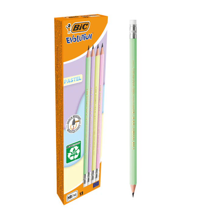 Bic Evolution Pastel Lapiz de Grafito Hexagonal con Goma - Mina HB Ultrarresistente - Sin Madera - No se Astilla - Colores Pastel 1