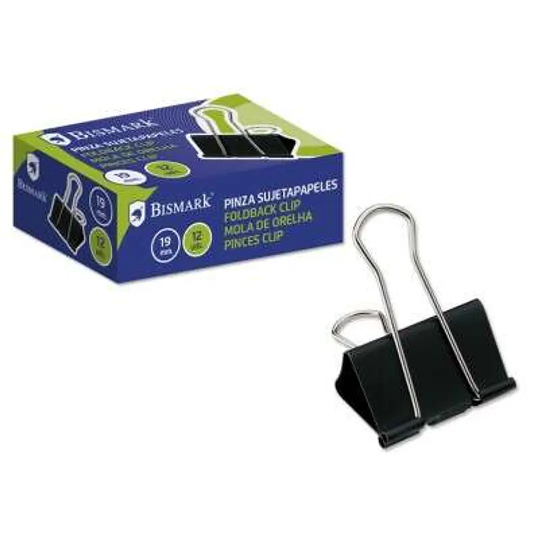 Bismark Pack de 12 Pinzas Sujetapapeles Metalicas de 19mm - Pala Abatible - Color Negro 1