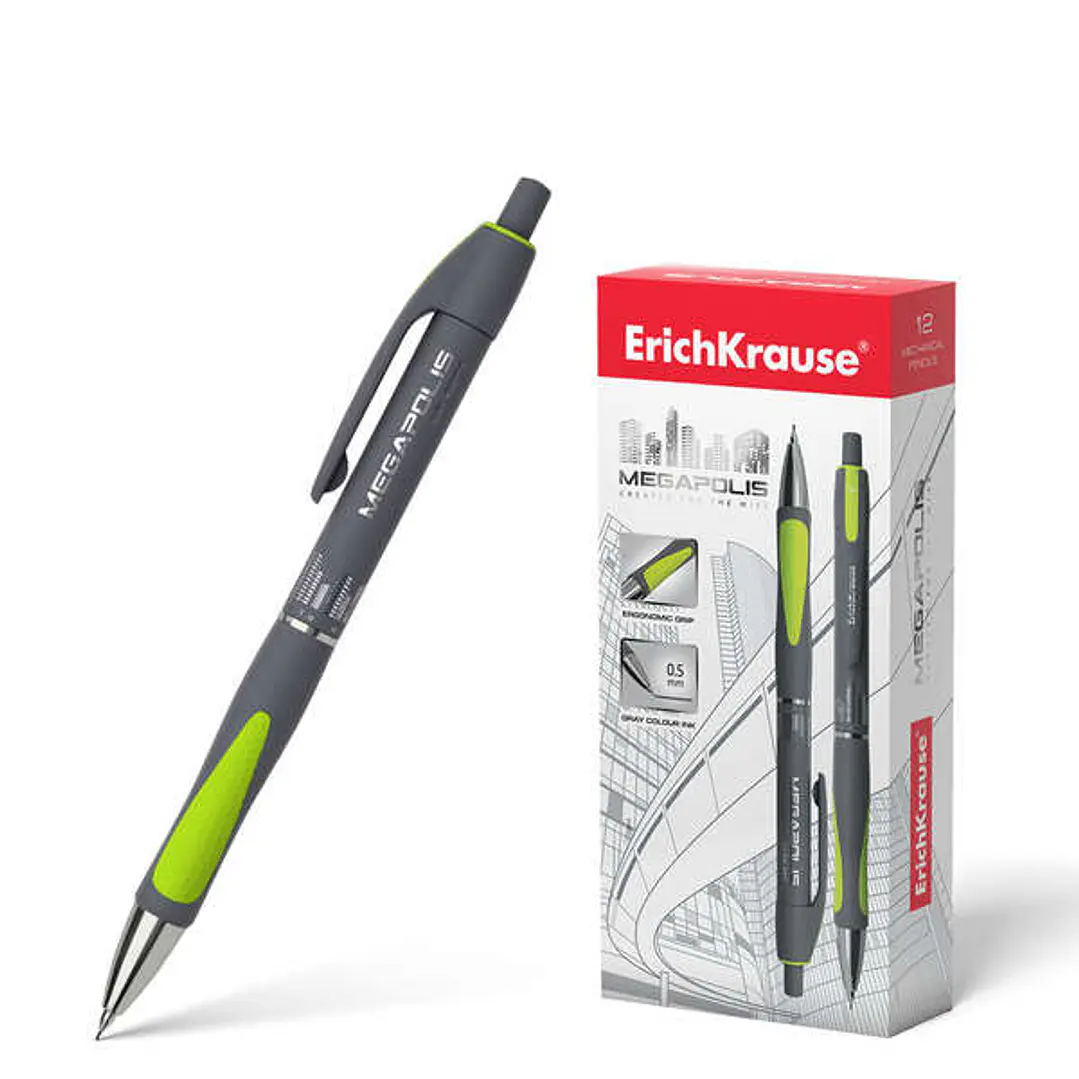 Erichkrause Megapolis Concept Portaminas 0.5mm HB - Cuerpo Redondo con Clip - Zona de Agarre Ergonomica - Para Minas de 0.5mm - Color Gris/Verde Neon 1