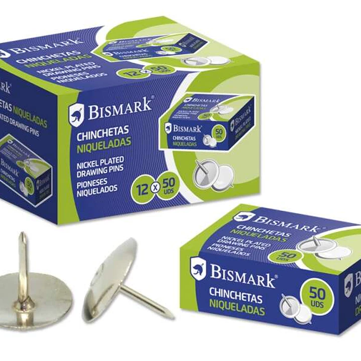 Bismark Caja de 50 Chinchetas Niqueladas - Planas - Resistencia Alta - Acabado Brillante - Color Plata 1
