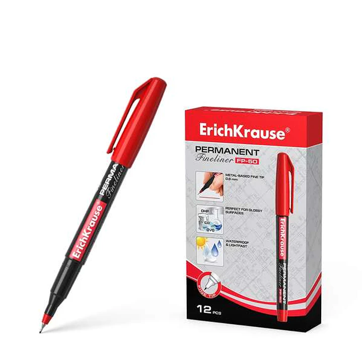 Erichkrause Marcador Permanente Fp-50 - Punta Fina de 0.6mm - Resistente a La Luz y El Agua - Color Rojo 1