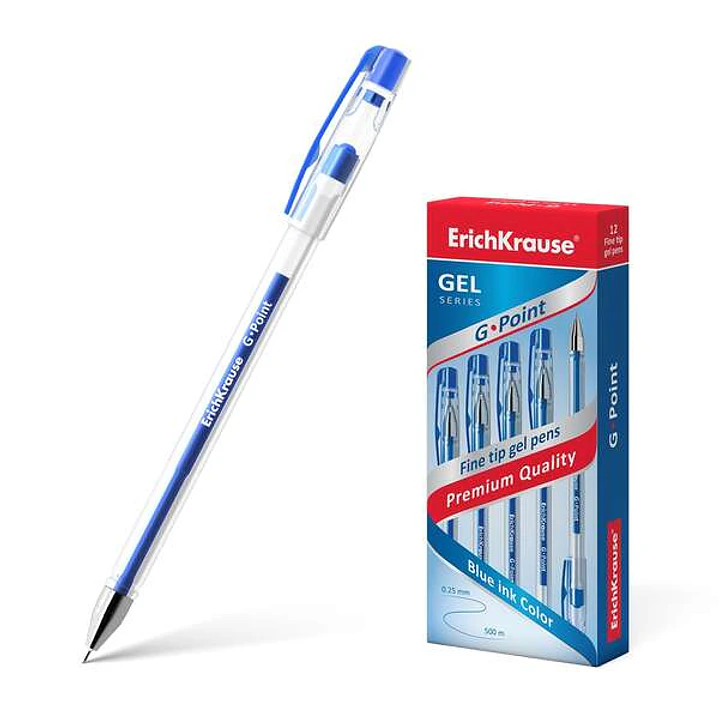 Erichkrause Boligrafo de Gel G-Point - Punta de Aguja de 0,38mm - Tinta de Gel de Secado Rapido - Cuerpo Transparente - Color Azul 1