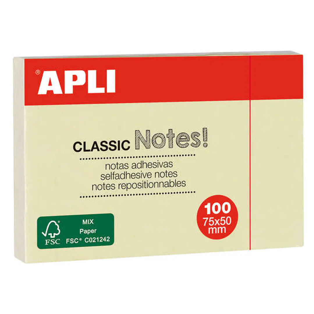 Apli Notas Adhesivas Classic 75x50mm Bloc 100 Hojas - Adhesivo de Calidad - Facil de Despegar - Ideal para Recordatorios - Amarillo 1