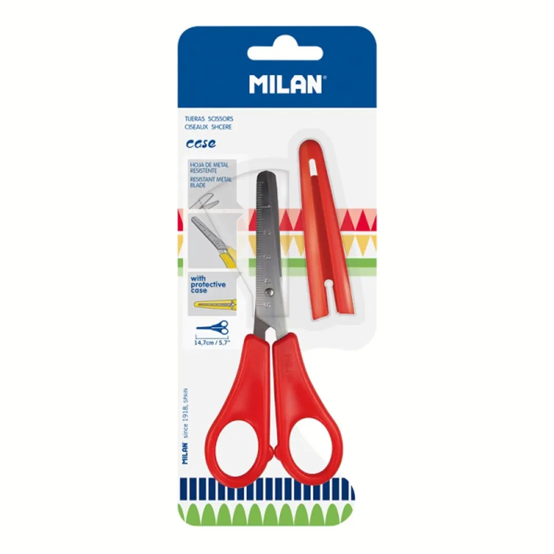 Milan Tijeras con Funda - Regla Integrada de 5cm - Punta Redondeada - Acero Inoxidable de 14.7cm - Color Rojo 1