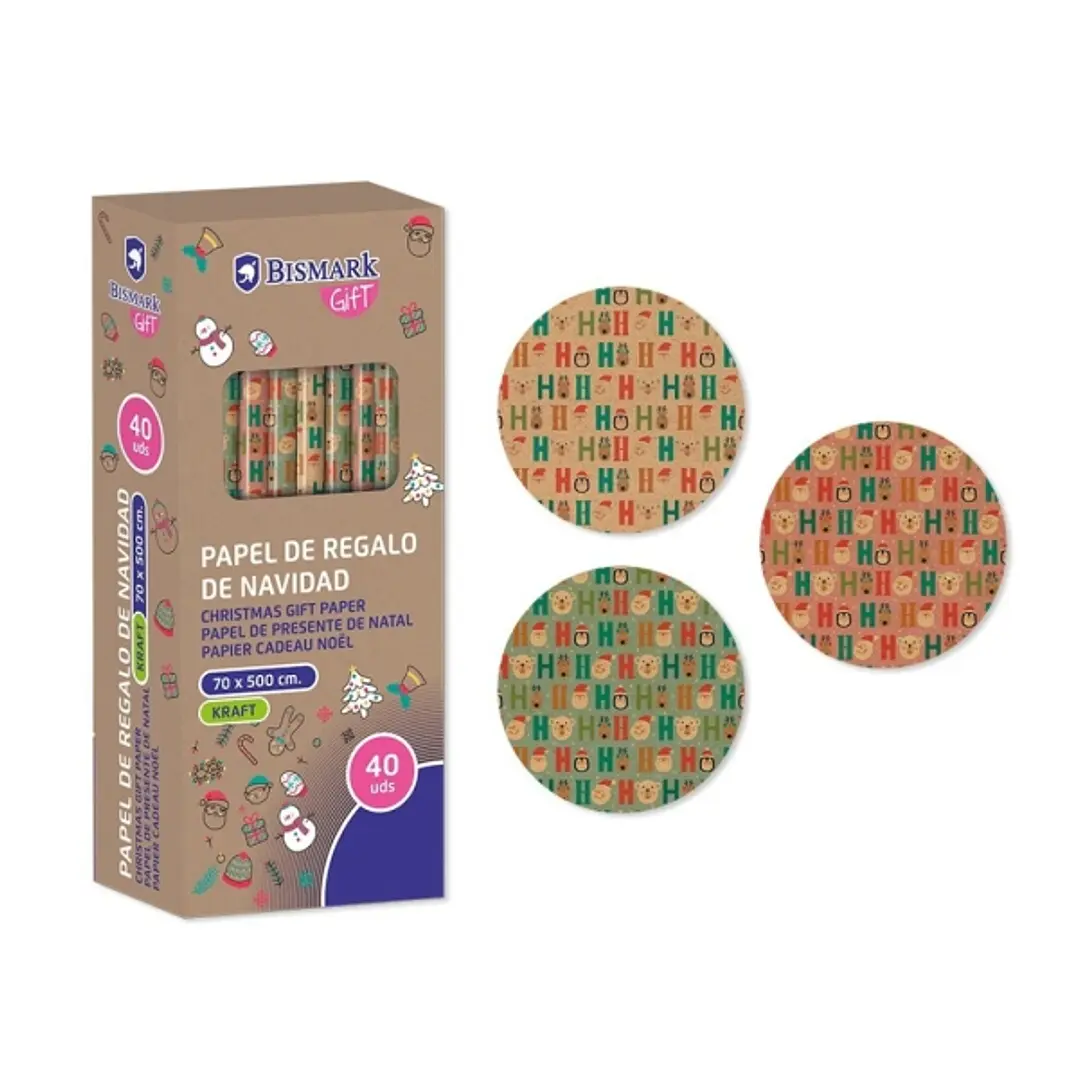Bismark Kraft Hohoho Rollo de Papel Kraft Regalo - Medidas 70cmx500cm - 3 Diseños Diferentes 1
