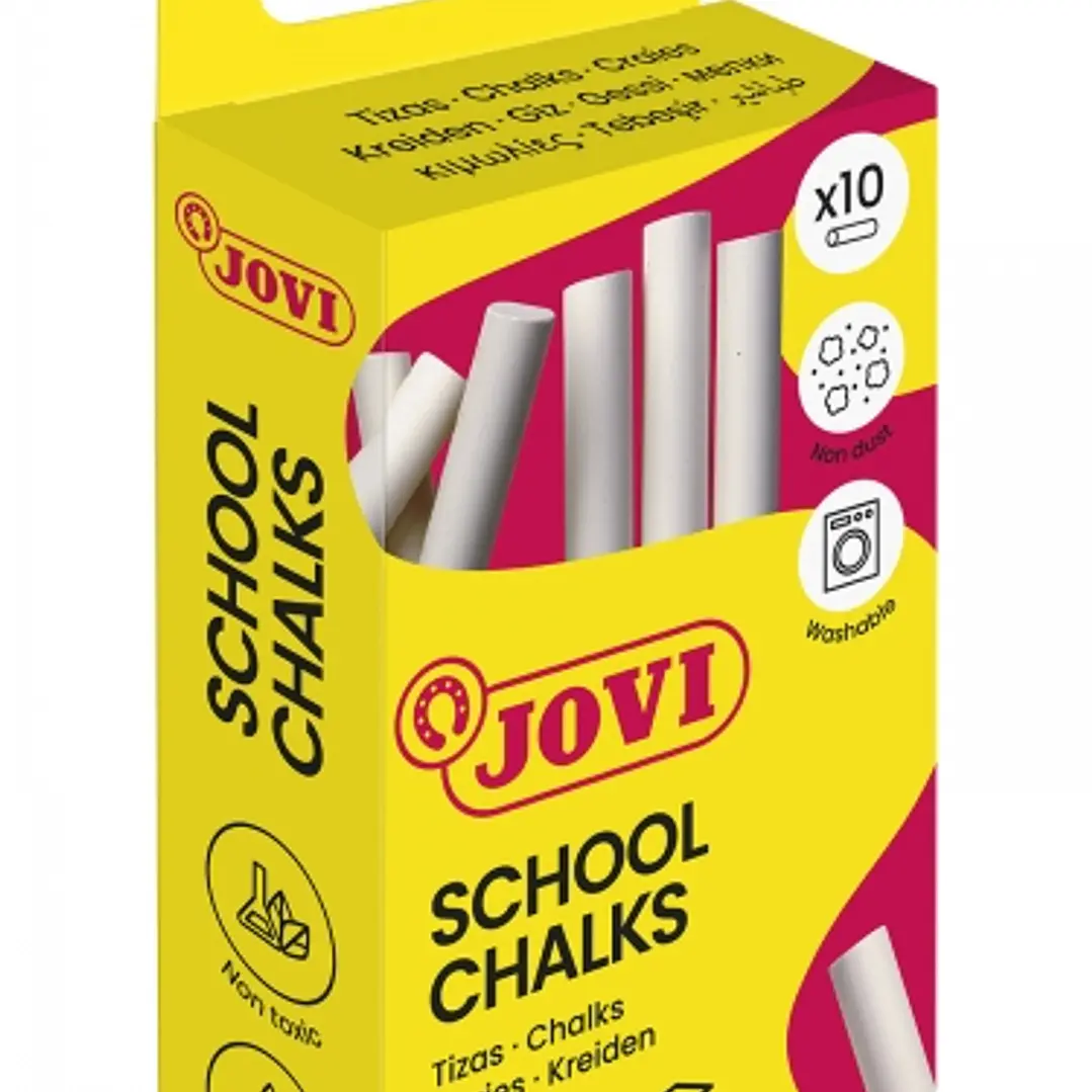 Jovi School Chalks Caja con 10 Tizas Blancas - Compactas - sin Polvo - Materias Primas Naturales - Trazos Nitidos - Faciles de Borrar - Muy Resistente 1