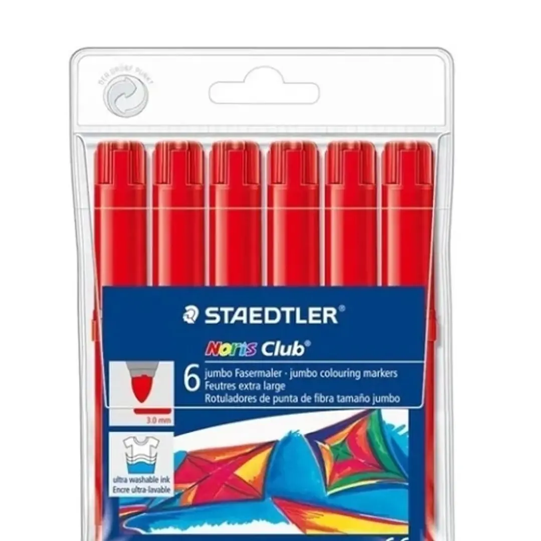 Staedtler Noris Jumbo 340 Pack de 6 Rotuladores Jumbo - Punta de Fibra - Trazo 3mm - Tapa Ventilada - Color Rojo 1