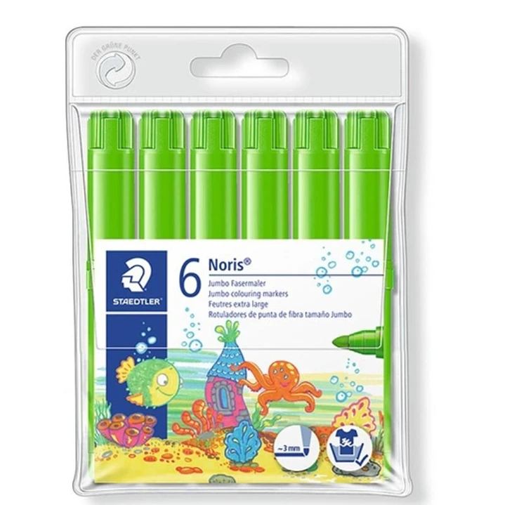 Staedtler Noris Jumbo 340 Pack de 6 Rotuladores Jumbo - Punta de Fibra - Trazo 3mm - Tapa Ventilada - Color Verde Claro 1