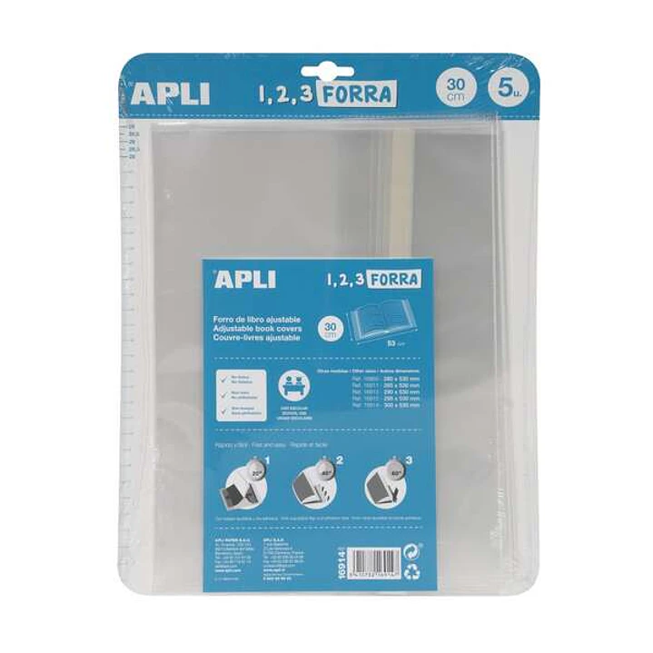Apli Pack de 5 Forros para Libros 300mm de Polipropileno 75 micras - Solapa Autoajustable - Facil Forrado en 3 Pasos - Sin Necesidad de Cortar ni Usar 1