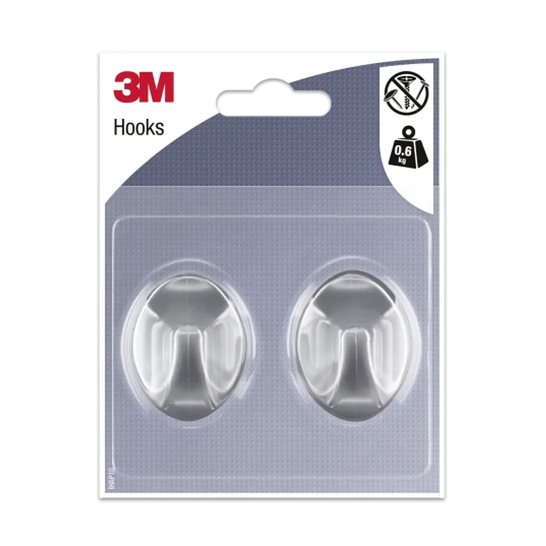 3M Pack de 2 Ganchos Adhesivos Ovalados - Formato M - Soporta hasta 0.6kg - Color Gris Metalizado 1