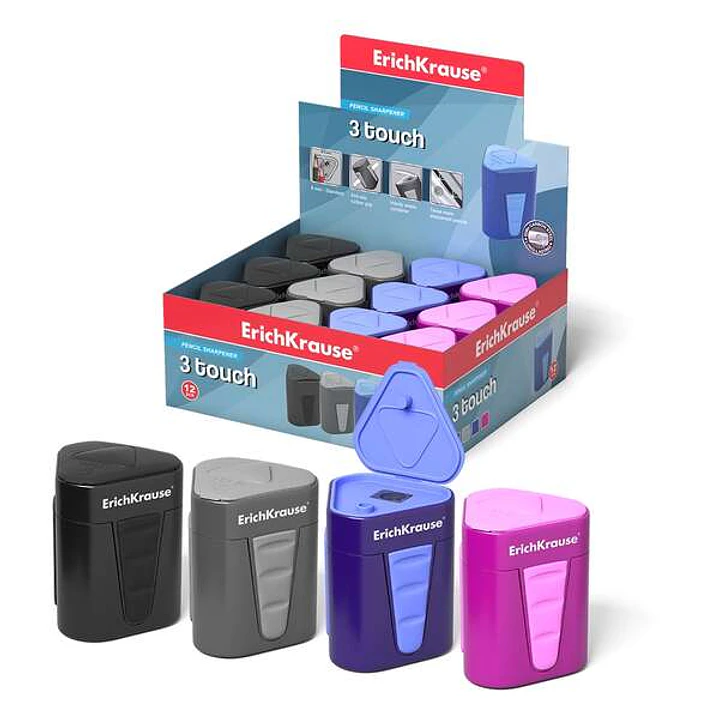 Erichkrause Sacapuntas de Plastico 3-Touch con Deposito y Tapa - Contenedor Grande para Virutas - Bordes de Goma Antideslizantes - Color Surtido 1