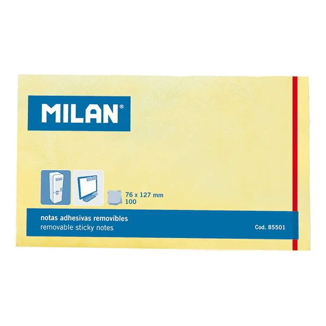 Milan Bloc de 100 Notas Adhesivas - Removibles - 76mm x 127mm - Color Amarillo Claro 1