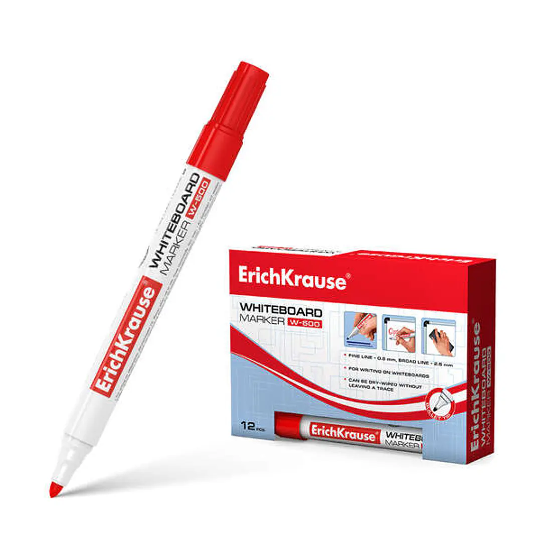 Erichkrause W-500 Rotulador para Pizarra Blanca - Punta en Forma de Bala - Trazo de 0.8 a 2.5mm - Tinta a Base de Alcohol - Color Rojo 1
