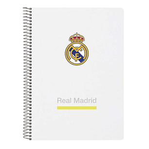 Safta Real Madrid Cuaderno Espiral - Tapas Duras - 80 Hojas A4 con Cuadriculada 4X4mm - Formato Cuarto - 15.5x22x1cm - Color Blanco y Negro