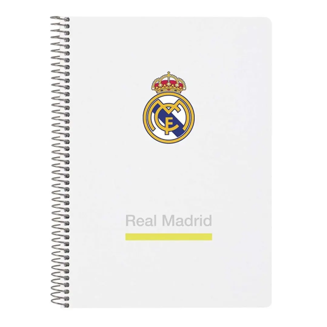 Safta Real Madrid Cuaderno Espiral - Tapas Duras - 80 Hojas A4 con Cuadriculada 4X4mm - Formato Cuarto - 15.5x22x1cm - Color Blanco y Negro 1