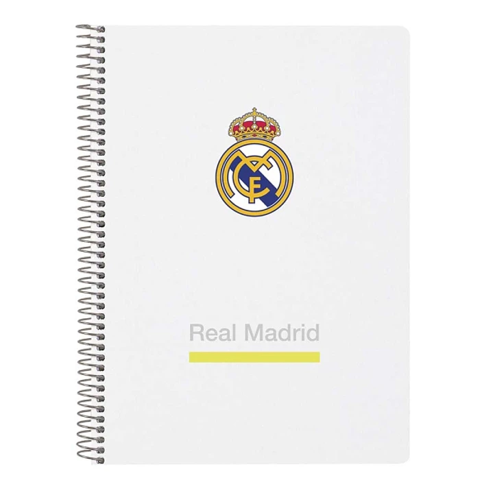 Safta Real Madrid Cuaderno Espiral - Tapas Duras - 80 Hojas A4 con Cuadriculada 4X4mm - Formato Cuarto - 15.5x22x1cm - Color Blanco y Negro 1