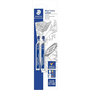 Staedtler Micro Carbon 250 Pack de 2 Tubos de 12 Minas - Mina HB de 0.7mm - Resistencia a la Rotura - 90% Procedente de Materiales Naturales