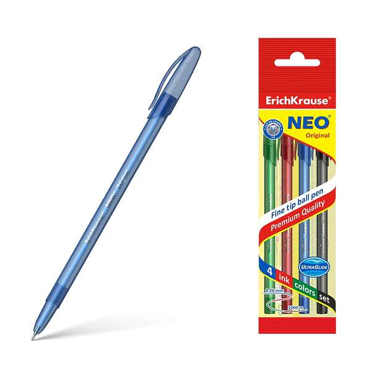 Erichkrause Pack de 4 Boligrafos Neo Original - Punta de Aguja Sofisticada Fine Tip - Cuerpo Redondo Translucido Mate - Tinta en Colores Azul, Negro,  1